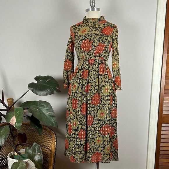 Vintage 60’s Gold Mock Neck Floral Maxi India Cotton Party Dress with Pockets - Picture 4 of 15